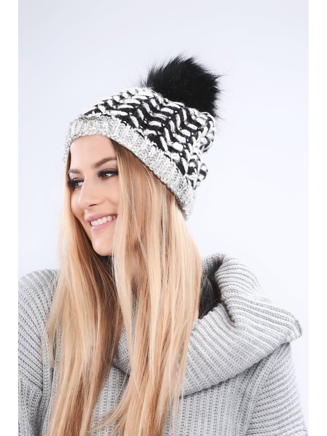 Black herringbone winter hat C13 - Online store - Boutique